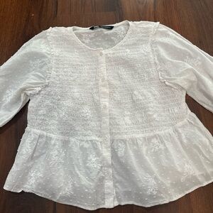 Zara Smocked Button Down Blouse ruffled cuffs white color Sz M